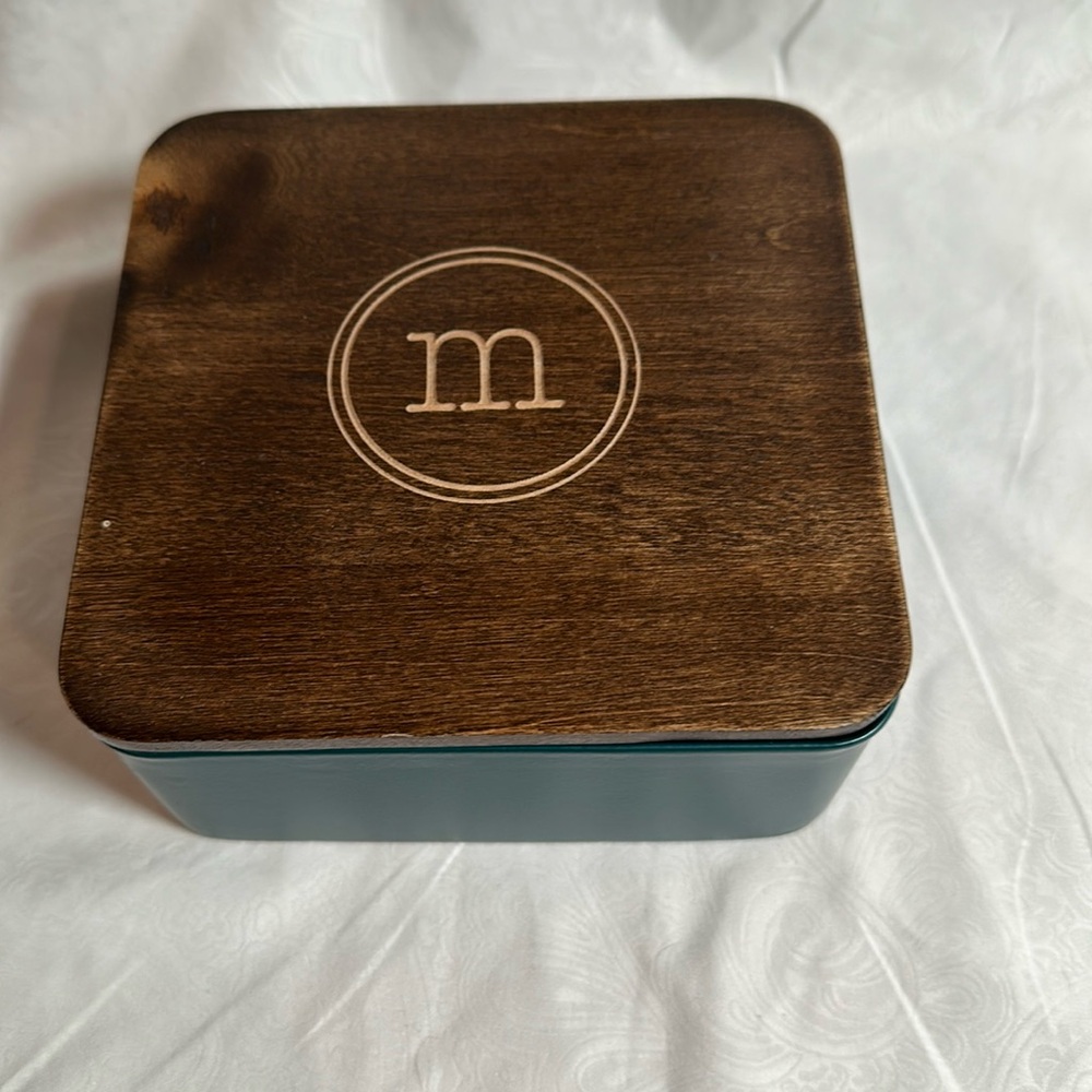 Thirty one Metal Trinket Box with wood lid engraved “M”